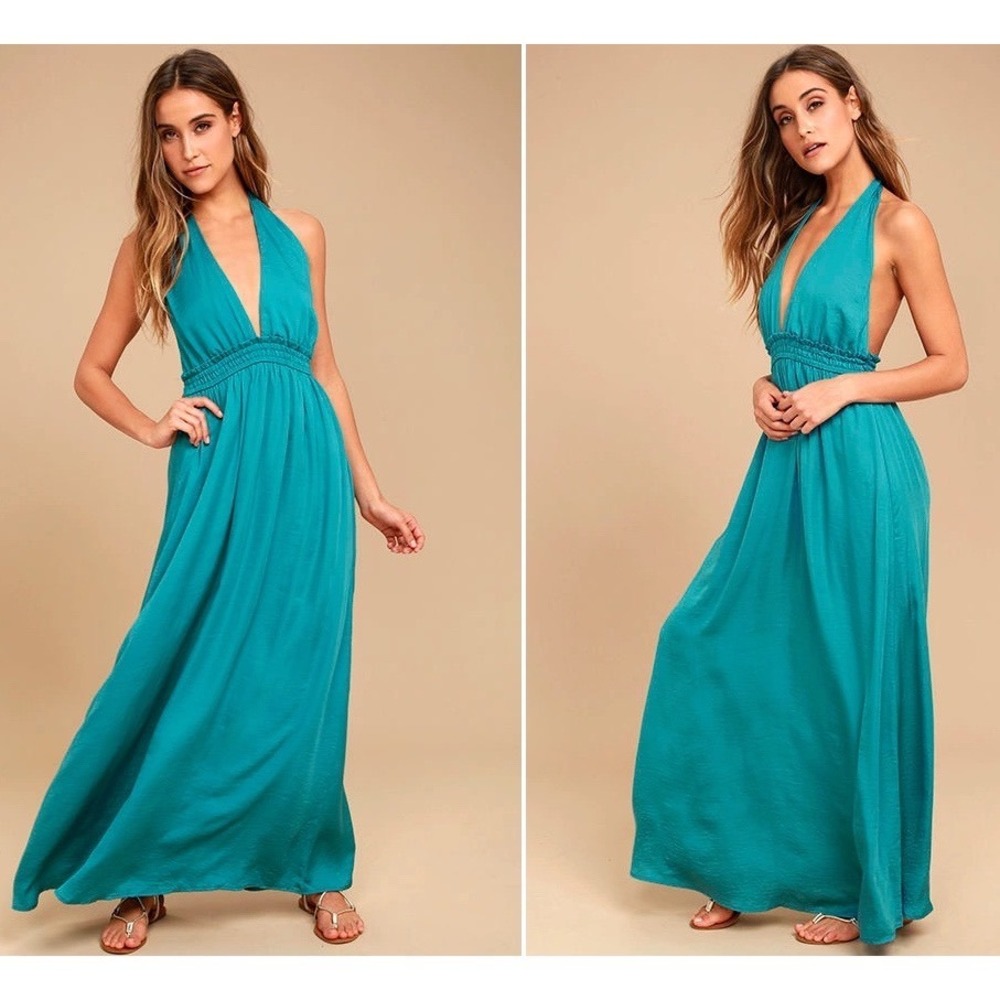 Lulus Teal Blue Halter Maxi Dress Womens XL Plunging Neck Elastic Waist‎ Flowy